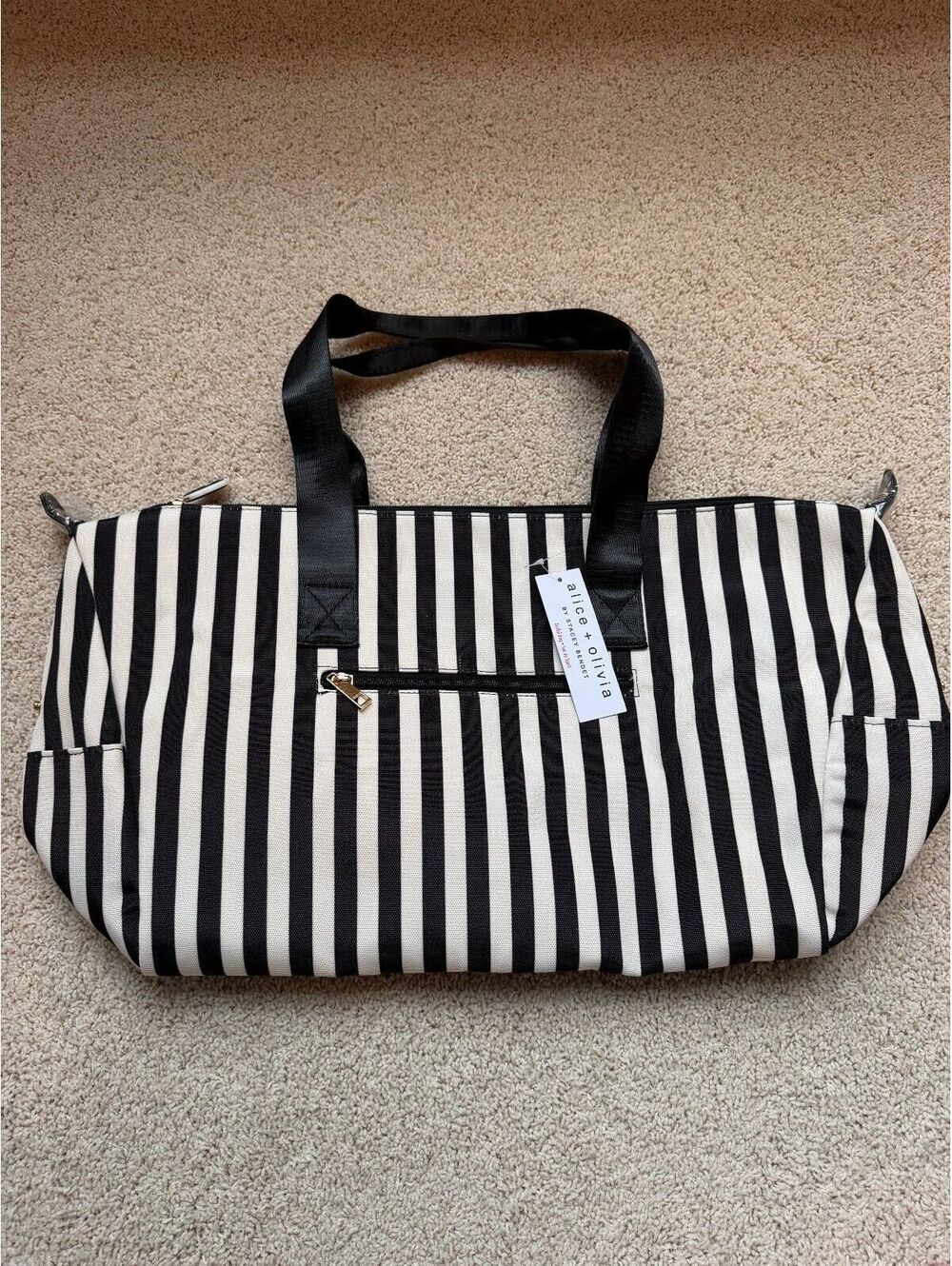 Alice + Olivia by Stacey Bendet Black White Striped Weekender Duffle Bag NWT